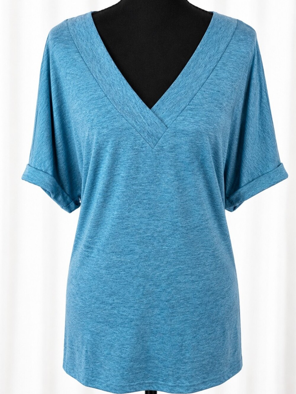 NWT Women's Blue Heathered V Neck Tunic Top Rolled Sleeve Casual Soft Tee XL